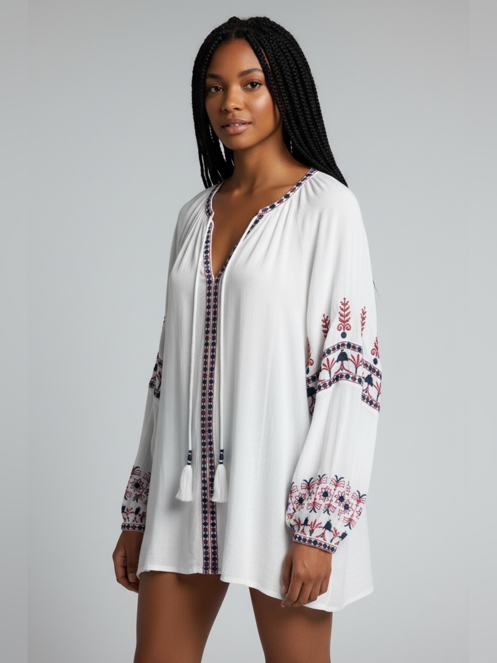 Chelsea & Theodore Embroidered Peasant Top XL Rayon Boho Tie Neck Long Sleeve